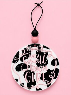 Just A Small Town Girl Rearview Car Charm - Pink & Black Cow Print 4in